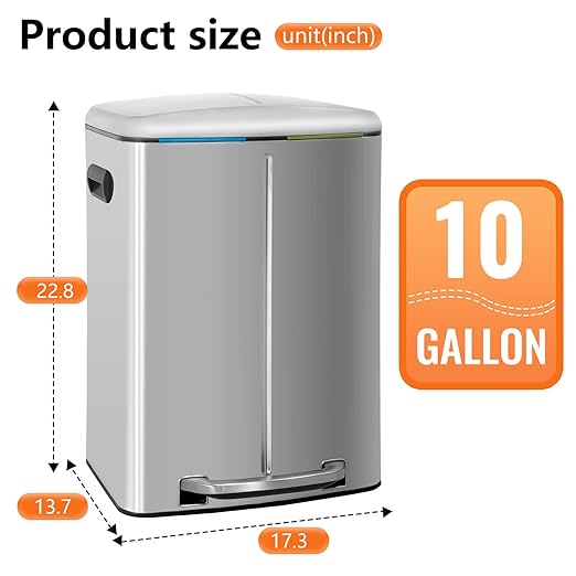 PayLessHere Dual Compartment Trash Can with Lid Removable Inner Bucket Foot Pedal Soft Close for Office Home Kitchen Garbage Can Trash Bin (Stainless Steel, 10 G) - Image 7