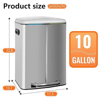 PayLessHere Dual Compartment Trash Can with Lid Removable Inner Bucket Foot Pedal Soft Close for Office Home Kitchen Garbage Can Trash Bin (Stainless Steel, 10 G) - Image 7