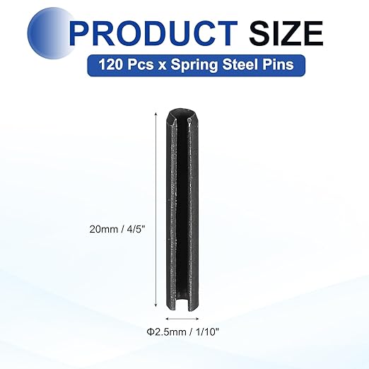 MECCANIXITY 120Pcs Slotted Split Roll Pins 1/10 Inch(2.5mm) Dia. 4/5 Inch(20mm) Length 65Mn Steel Spring Tension Expansion Dowels for Secure Fastening, Black