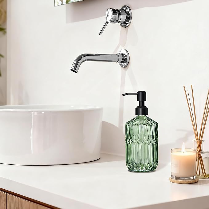 COHOSEGE 17 Oz Green Glass Kitchen Soap Dispenser for Dish Soap, 2 Pack Bathroom Soap Dispenser Set with Black Rust Proof Pump for Lotion, Hand soap or Body Wash - Image 5
