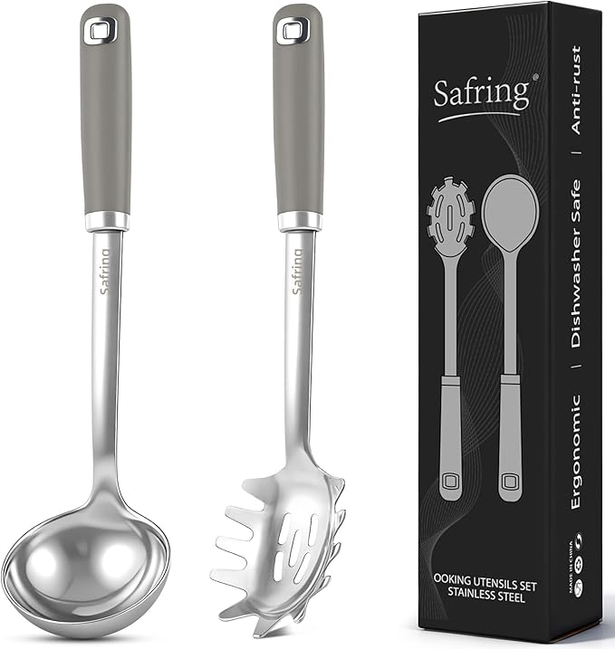 Safring Stainless Steel Soup Ladle and Spaghetti Spoon Set, Heat Resistant Rubber Handle, Dishwasher Safe, Kitchen Utensils for Cooking, Stirring, Serving Pasta, Soup & Sauce (Gray) by Safring