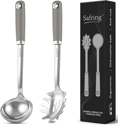 Safring Stainless Steel Soup Ladle and Spaghetti Spoon Set, Heat Resistant Rubber Handle, Dishwasher Safe, Kitchen Utensils for Cooking, Stirring, Serving Pasta, Soup & Sauce (Gray) by Safring