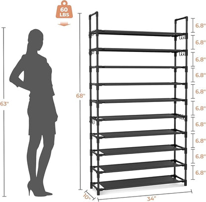 LANTEFUL Tall Shoe Rack 10 Tier Shoe Organizer Large Shoe Shelf with 18 Hooks Storage for 50 Pair, Stackable Vertical Shoe Rack Organizer for Closet, Entryway, Bedroom - Image 3