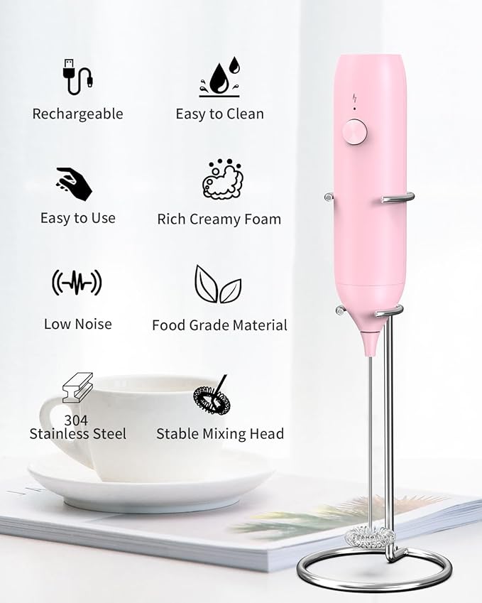 CIRCLE JOY Milk Frother Handheld Rechargeable Milk Foamer Electric Mini Drink Mixer with Stainless Steel Whisk for Coffee, Cappuccino, Lattes, Frappe, Matcha and Hot Chocolate, Pink - Image 2