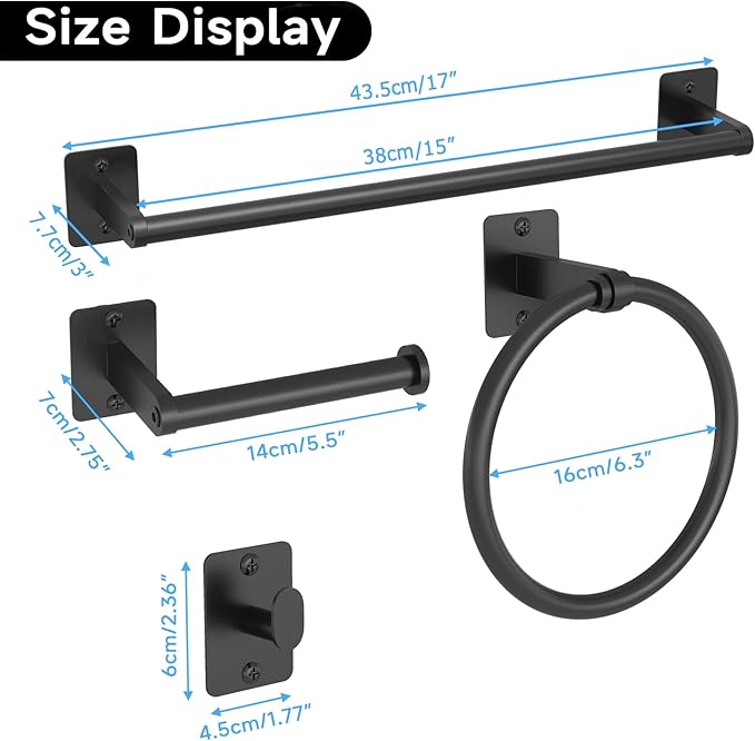 KLJKPA Matte Black Bathroom Accessories Set, 4 Pieces Bathroom Hardware Set, 16 inch Towel Bar, Towel Racks for Bathroom, Robe Towel Hooks, Toilet Paper Holder Wall Mounted - Image 6