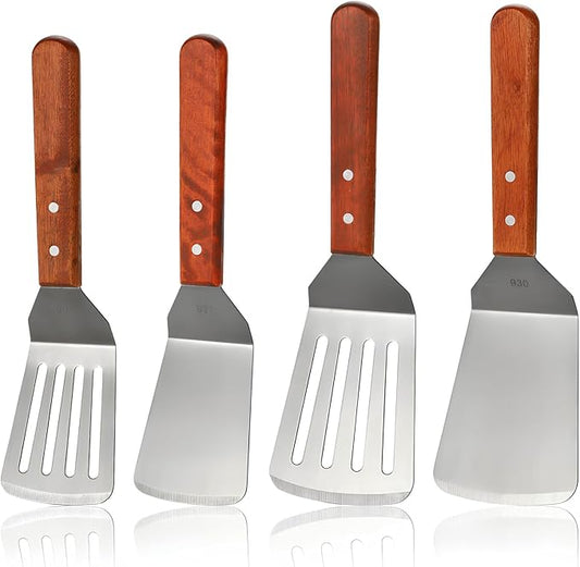 Pumtus 4 Pack Stainless Steel Spatula Set, 2 Sizes Metal Spatulas for Kitchen Use, Hevy Duty Solid & Slotted Turner with Wooden Handle, Flat Top Grill Spatula for Egg, Hamburger, Fish, Cooking, BBQ