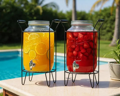 2 PACK-2 GALLON Drink Dispensers for Parties, Drink Dispensers for Parties, Original Mason Beverage Dispensers with Stand, Glass Water Jug Dispenser, 100% Leakproof Spigot