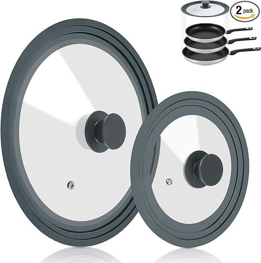Universal Lid for Pots Pans and Skillets, 2 Pack Pan Cover fit 7", 8" 9" & 10", 11", 12" Diameter Cookware, Silicone Replacement Pan Lid Pot Lids for Frying Pans, Cast Iron,Tempered Glass Lid (Gray)