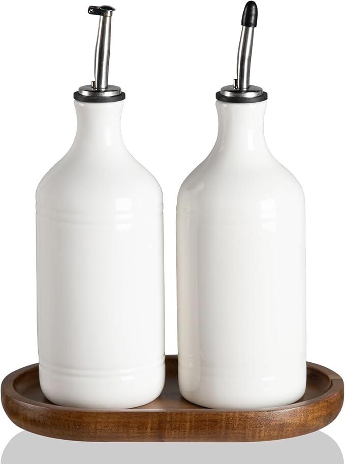 Sweejar Ceramic Olive Oil Dispenser Bottle Set, Opaque Oil Cruet Protects to Reduce Oxidation, Suitable For Storage Of Vinegar, Soy Sauce & Other Liquids,Pack of 2,15.5 Fl Oz（White） by Sweejarco1949