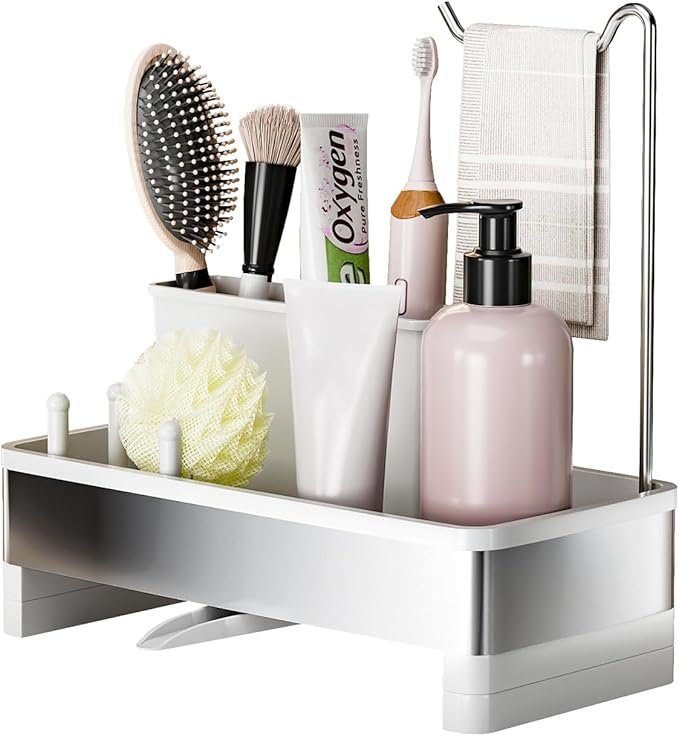 Ewaiira Stainless Steel Sink Caddy, Sponge Holder for Kitchen Sink with Brush Holder & Dishcloth Rack, Rustproof Sink Organizer Countertop, Kitchen Organizers Storage Essentials (E-White 9.8″) - Image 8