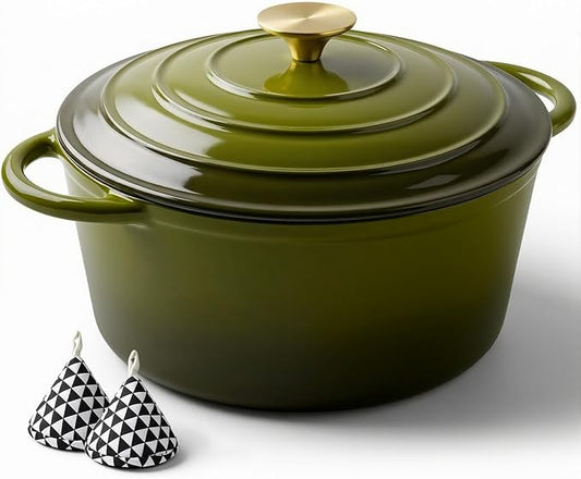 Miereirl 6 Quart Enameled Dutch Oven Pot with Lid, Cast Iron Dutch Oven with Dual Handles for Bread Baking, Cooking, Non-stick Enamel Coated Cookware, Golden Green by Miereirl