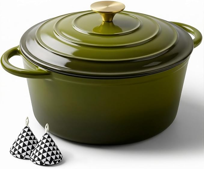 Miereirl 4.5 Quart Enameled Dutch Oven Pot with Lid, Cast Iron Dutch Oven with Dual Handles for Bread Baking, Cooking, Non-stick Enamel Coated Cookware, Golden Green by Miereirl