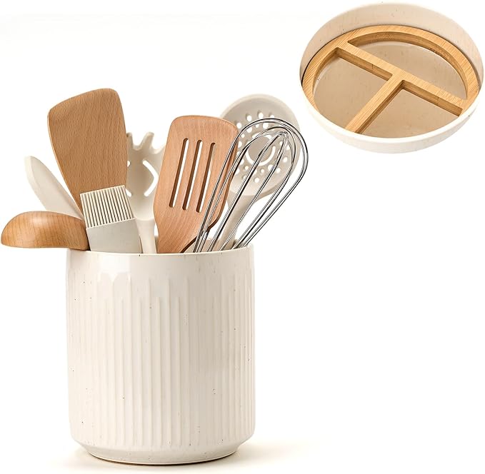JIEMEI HOME Kitchen Utensil Holder, 7.2" Large Ceramic Stable Utensil Crock for Countertop, Utensil Organizer with Cork Mat, Removable Bamboo Divider for Easy, Kitchen Decor, Aged Ivory Speckle - Image 2