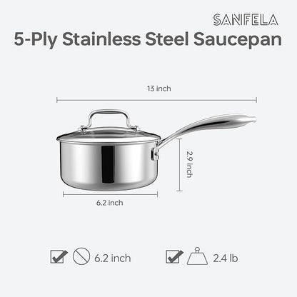 1.3 Quart Stainless Steel Saucepan with Glass Lid, 5 Ply Stainless Clad Construction, Suitable for All Cooktops, PTFE, PFAS and PFOA Free
