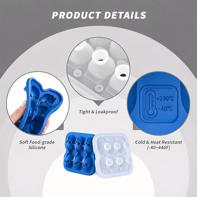 Skull Ice Cube Mold, 6-Cavity Silicone Ice Tray for Whiskey, Cocktails, and Beverages, Food-Grade Flexible Ice Maker for Halloween & Party Drinks, Easy Release & Dishwasher Safe (Blue)