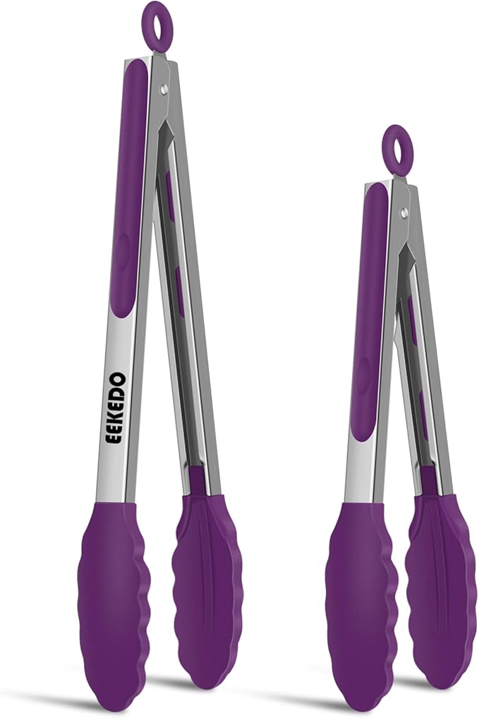 Tongs for Cooking, 600ºF High Heat-Resistant Stainless Steel Kitchen Tongs with Silicone Tips, Non Scratch, Locking Tong for BBQ Grilling Air Fryer Food Salads, Set of 2 (9" and 12") Purple by EEKEDO