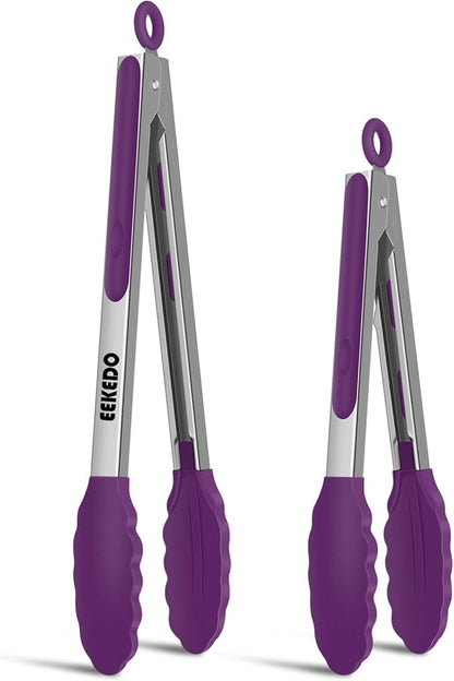 Tongs for Cooking, 600ºF High Heat-Resistant Stainless Steel Kitchen Tongs with Silicone Tips, Non Scratch, Locking Tong for BBQ Grilling Air Fryer Food Salads, Set of 2 (9" and 12") Purple by EEKEDO
