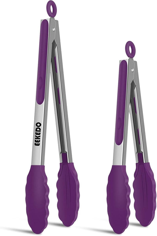 Tongs for Cooking, 600ºF High Heat-Resistant Stainless Steel Kitchen Tongs with Silicone Tips, Non Scratch, Locking Tong for BBQ Grilling Air Fryer Food Salads, Set of 2 (9" and 12") Purple by EEKEDO