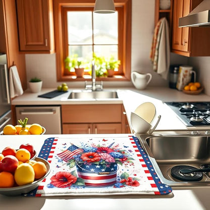 4th of July Large Dish Drying Mat for Kitchen Counter Independence Day 18''x24'' Microfiber Small Red Kitchen Draining Mat for Countertops Memorial Day Dish Drainer Drying Pad - Image 6
