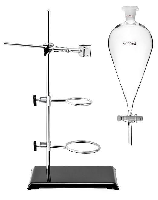 QWORK 1000ml Heavy Wall Conical Separating Funnel with 24/29 Fitting and PTFE Stopcock + Laboratory Distillation Support Rack for Titration Extraction