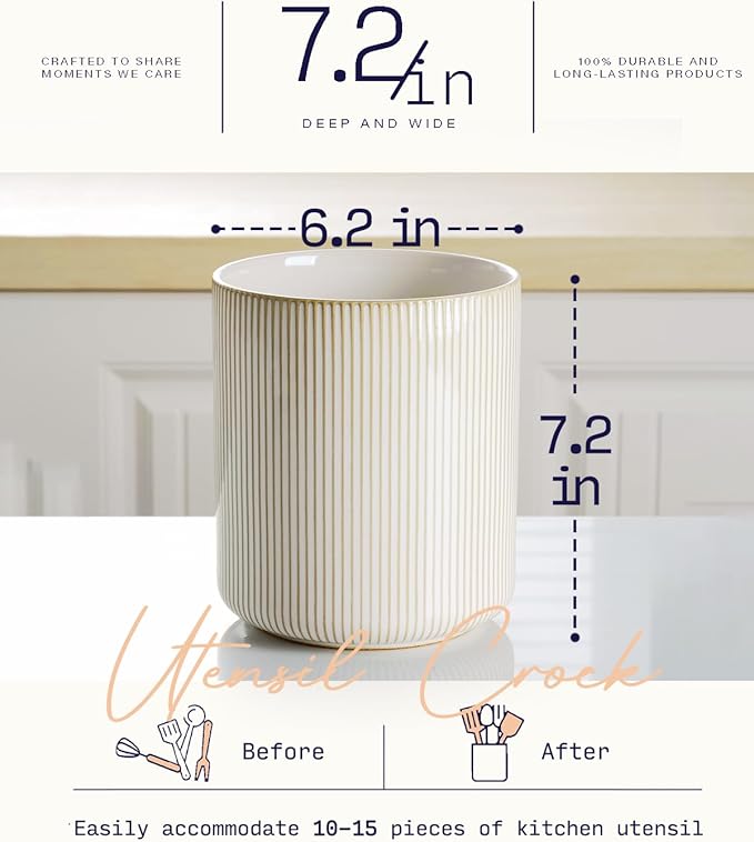 getstar Large Utensil Holder for Kitchen Counter,7.2" Vintage Ceramic Utensils Crocks Utensil Organizer for Spatula Farmhouse Kitchen Decor - Image 4