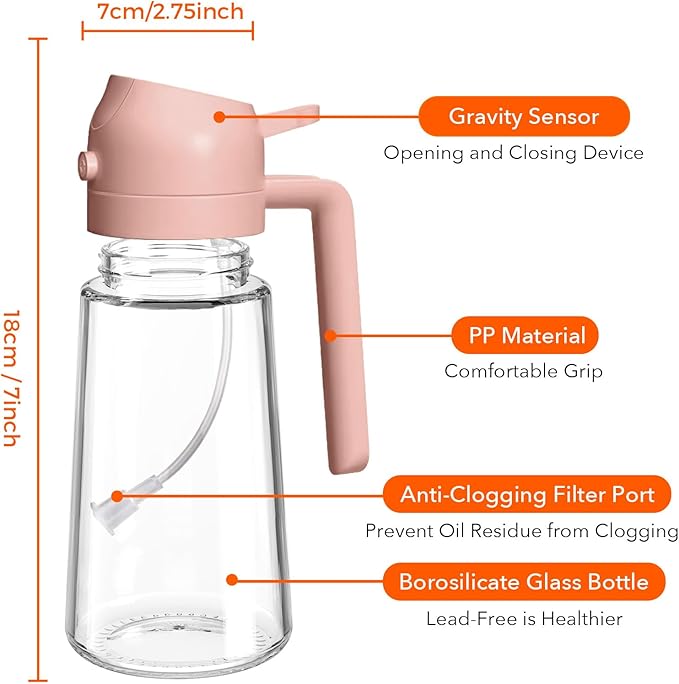 YARRAMATE 16oz/470ml Glass Olive Oil Sprayer for Cooking with Stickers, 2 in 1 Oil Dispenser for Kitchen Gadgets, Food Grade Premium Spray Bottle for Salad, Frying, BBQ (PeachPink) - Image 8