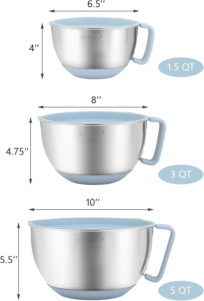 Rorence Stainless Steel Mixing Bowls Set: Non-Slip Silicone Bottom Kitchen Bowls with Pour Spout, Handle and Lid - Set of 3 - Light Blue - Image 2