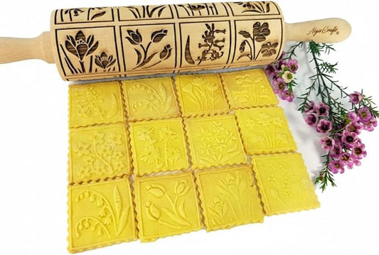 SPRING FLOWERS Embossing Rolling Pin with 16 Different Flowers in Squares. Dough and Clay Roller for Embossed Cookies and Pottery. Cookie and Ceramic Stamp. Baking Gifts for Women by Algis Crafts