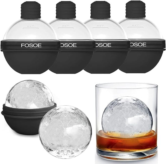 Silicone Ice Ball Molds for Whiskey - Set of 4 Round Makers with Lids for Cocktails, Bourbon, and Drinks by FOSOE