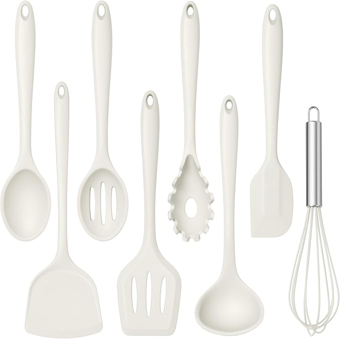 TeamFar 8 PCS Silicone Cooking Utensils - 446°F Heat Resistant Kitchen Silicon Utensils Set, Turner, Spatula, Spoon, Whisk, Kitchen Cooking Gadgets Tools for Nonstick Cookware, Dishwasher Safe-White by TeamFar