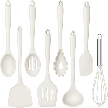 TeamFar 8 PCS Silicone Cooking Utensils - 446°F Heat Resistant Kitchen Silicon Utensils Set, Turner, Spatula, Spoon, Whisk, Kitchen Cooking Gadgets Tools for Nonstick Cookware, Dishwasher Safe-White by TeamFar