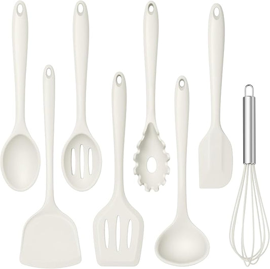 TeamFar 8 PCS Silicone Cooking Utensils - 446°F Heat Resistant Kitchen Silicon Utensils Set, Turner, Spatula, Spoon, Whisk, Kitchen Cooking Gadgets Tools for Nonstick Cookware, Dishwasher Safe-White by TeamFar