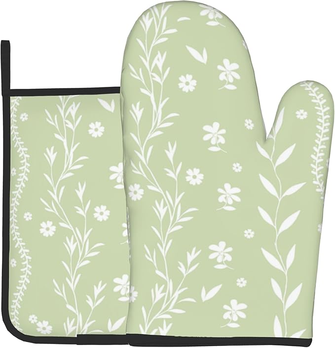 Sage Green Oven Mitt Pot Holder Set Floral BBQ Cooking Gloves Farmhouse Botanical Baking Grilling Kitchen Gifts for Spring Summer by DZGlobal