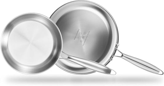 SuperCook 2 Pieces Tri-Ply Clad Stainless Steel Frying Pan, 8" and 10" Skillet Set, Steel Pans for Cooking, Sauté Pans Set, Non-Toxic, Multiclad, Induction Oven Compatible, Dishwasher Safe