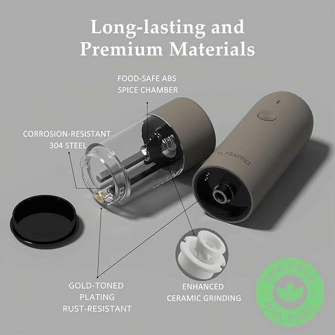 Electric Salt and Pepper Grinder Set, USB Rechargeable, Automatic Salt and Pepper Mill Grinder with Adjustable Coarseness, Electric Salt Shakers, LED Light, Refillable (2 Packs, Greige) - Image 3