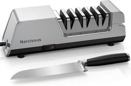 Narcissus Knife Sharpener, 3 Stages Diamond Electric Knife Sharpener for Stainless Steel and Ceramic Kitchen Knives, 40 Seconds Quick Repairing & Polishing, Open Design Port for Scissors Sharpening by Narcissus