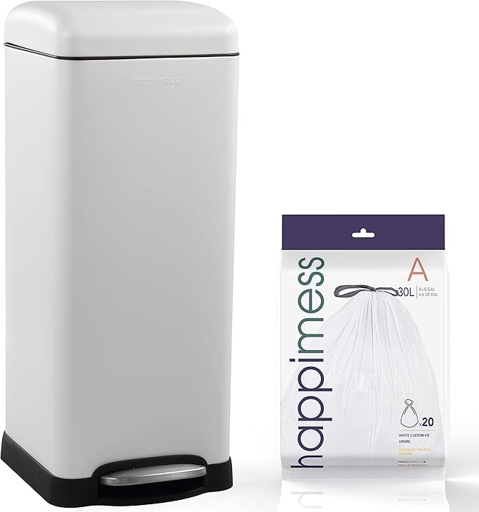 happimess HPM1007A Betty Retro 8-Gallon Step-Open Trash Can with Soft-Close Lid, Fingerprint Resistant, Modern, Minimalistic for Home, Kitchen, Laundry Room, Office, Bedroom, Bathroom, White by Happimess