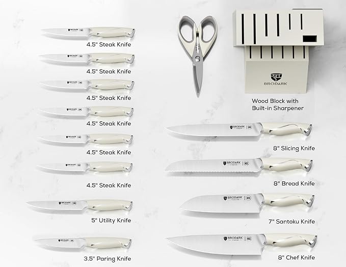 BRODARK Kitchen Knife Sets with Block and Built-in Sharpener - Ultra Sharp15 Pcs Full Tang Professional Chef Knife Set, High Carbon Super Steel Cutlery Set, Ivory Series with Gift Box for Mom - Image 6