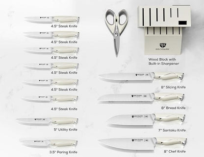 BRODARK Kitchen Knife Sets with Block and Built-in Sharpener - Ultra Sharp15 Pcs Full Tang Professional Chef Knife Set, High Carbon Super Steel Cutlery Set, Ivory Series with Gift Box for Mom - Image 6