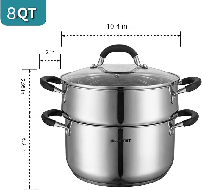 SLOTTET Stainless Steel 8 Quart Stock Pot with Steamer,8 Qt Deep Soup Pot for cooking,Multipurpose Stockpot with silicone Stay-cool Handle.Dishwasher and Oven Safe,Induction Stainless Steel Cookware