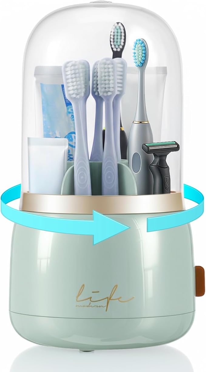 Sawysine Toothbrush Holders with Cover Dustproof Toothbrush Organizer with Sliding Lid Rotating 7 Slots Makeup Brushes Toothpaste Stand Storage for Bathroom Accessories Counter Vanity