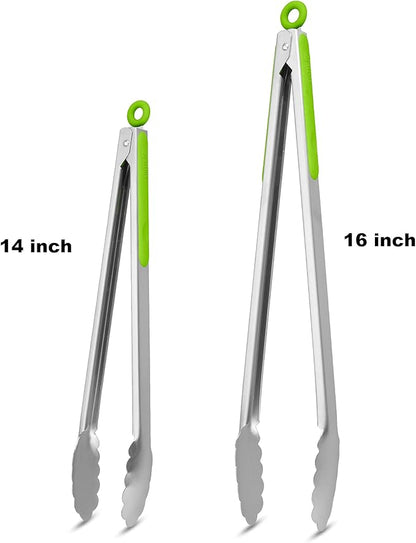 304 Stainless Steel Kitchen Cooking Tongs, 14" and 16" Set of 2 Sturdy Grilling Barbeque Brushed Locking Food Tongs with Ergonomic Grip, Green - Image 4