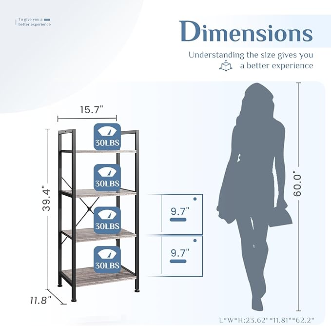 DUMOS 4 Tiers Bookshelf, Classical Book Shelf, Tall Display Shelves in Living Room/Home/Office, Storage Organizer for CDs/Books/Movies, Wood Grey - Image 3