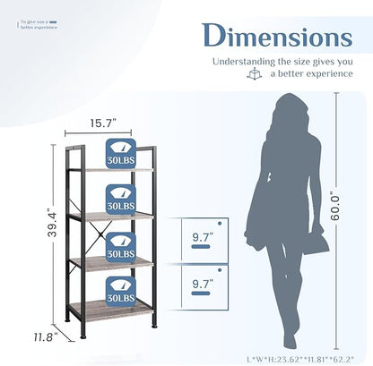 DUMOS 4 Tiers Bookshelf, Classical Book Shelf, Tall Display Shelves in Living Room/Home/Office, Storage Organizer for CDs/Books/Movies, Wood Grey - Image 3