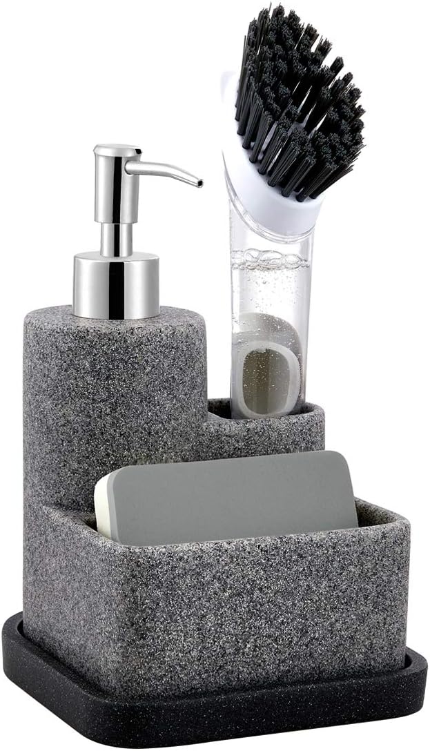ZCCZ Black Soap Dispenser with Sponge Holder, Kitchen Soap Dispenser Pump, Sponge Caddy and Brush Holder 3 in 1 Set Organizer for Sink Countertop, Removable Tray, Marble Look (Brush NOT Included) by zccz