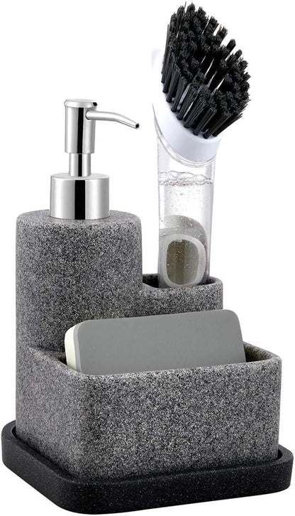 ZCCZ Black Soap Dispenser with Sponge Holder, Kitchen Soap Dispenser Pump, Sponge Caddy and Brush Holder 3 in 1 Set Organizer for Sink Countertop, Removable Tray, Marble Look (Brush NOT Included) by zccz
