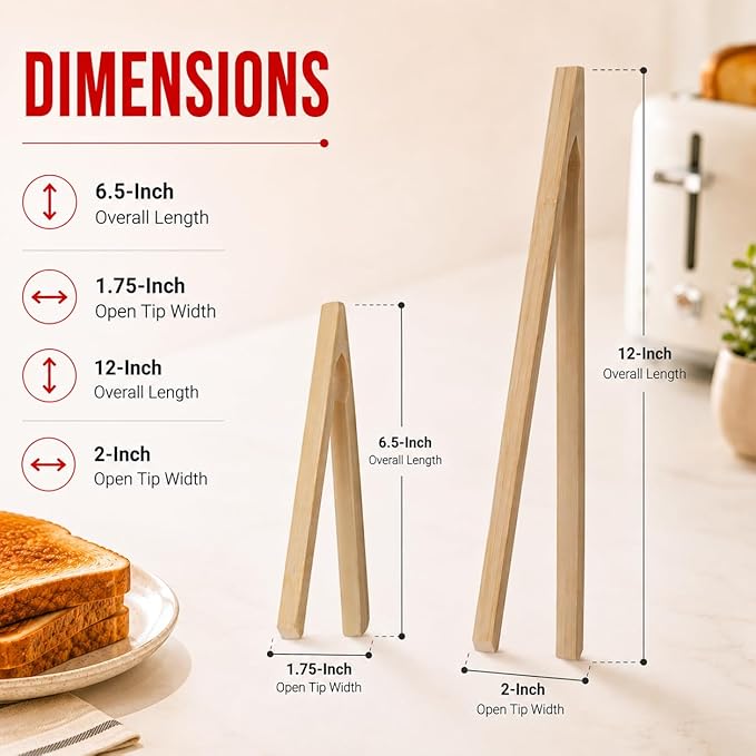 HIC Kitchen Toast Tong Set, Natural Bamboo, 4-Piece Set, Includes 2 Each 6.5 and 12-Inch Tongs