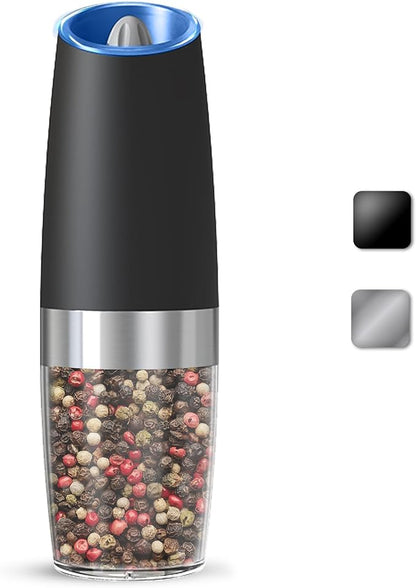Gravity Electric Salt And Pepper Grinder, Automatic Salt And Pepper Grinder, Battery Powered (6 AAA Batteries Each), Adjustable Roughness, LED Light, 1 Pack, (Black) by KIARYUOLL
