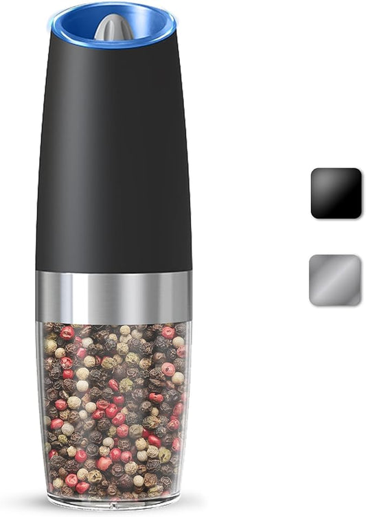 Gravity Electric Salt And Pepper Grinder, Automatic Salt And Pepper Grinder, Battery Powered (6 AAA Batteries Each), Adjustable Roughness, LED Light, 1 Pack, (Black) by KIARYUOLL