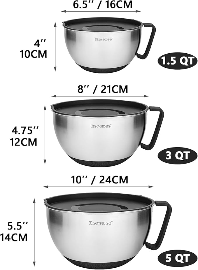 Rorence Stainless Steel Non-Slip Mixing Bowls With Pour Spout, Handle and Lid, Set of 3, Black - Image 3